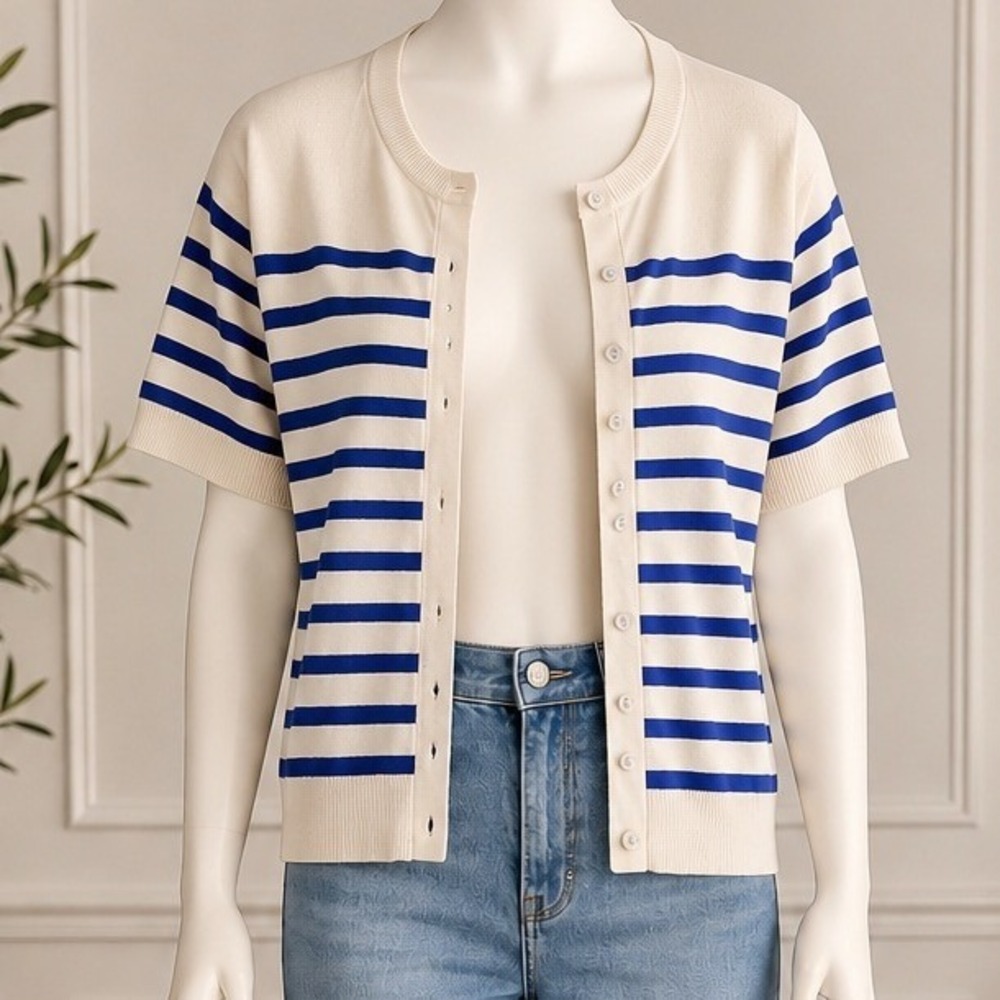 Zara Womens Cardigan Short Sleeve Striped Nautical Knit Cream Blue Medium